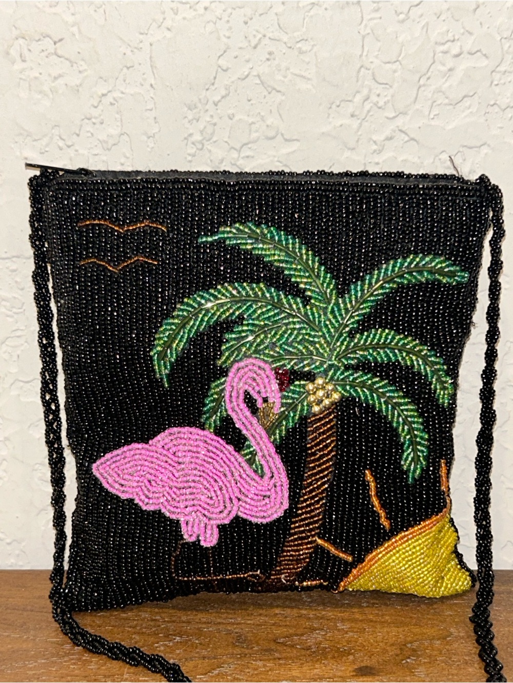 Flamingo Sunshine Palm Tree Beaded Shoulder Crossbody Purse Bag
